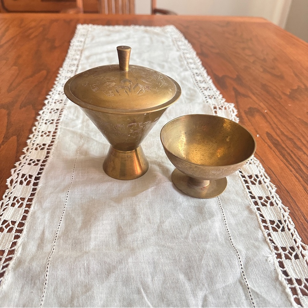 Vintage Brass etched pedestal bowl and Lidded Bowl Set